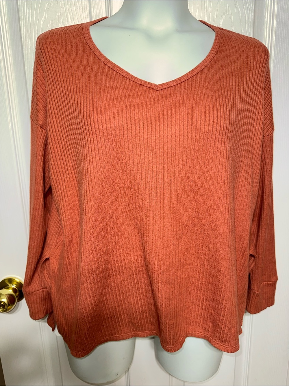American Eagle Womens Ribbed Knit V Neck Relaxed Top in Rust